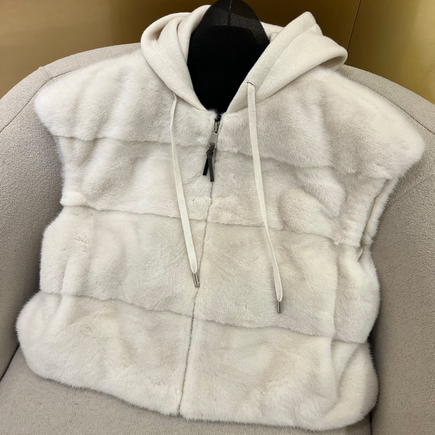 Women's Fall/Winter Wool Cashmere Knit Solid Color Zipper Drawstring Full-Length Mink Hooded Vest Ngvp #2518