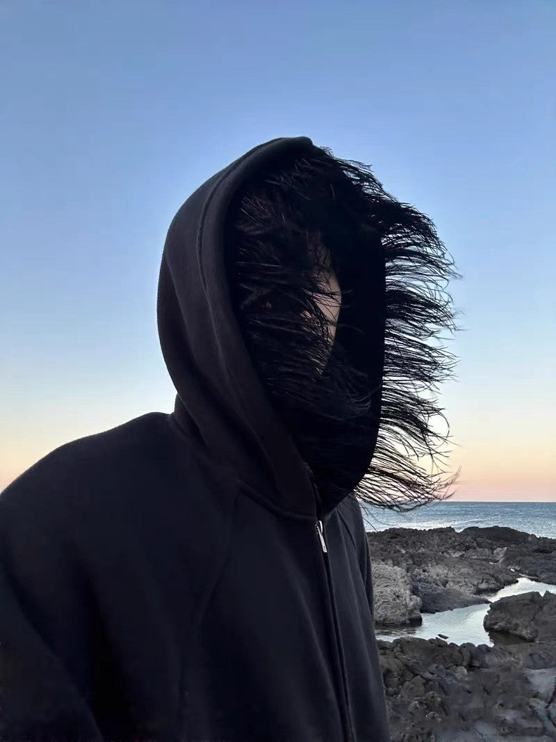 1017 Alyx 9sm Men's Fall And Winter Ostrich Hair Sweater Loose Zipper Hoodie Pure Black Jacket Rocky Same High Street Trend Casual Sweatshirt Ngvp #2467