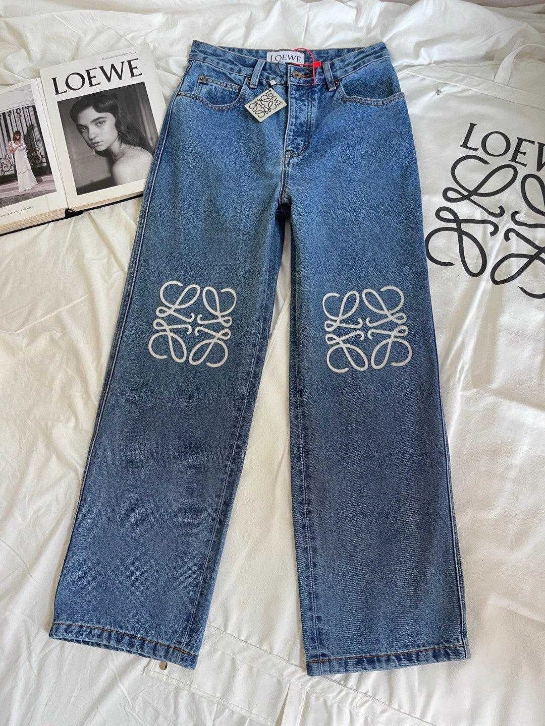 Women's Spring and Autumn Logo Print Solid Color Low Rise Zipper Loose Jeans Pants #75751