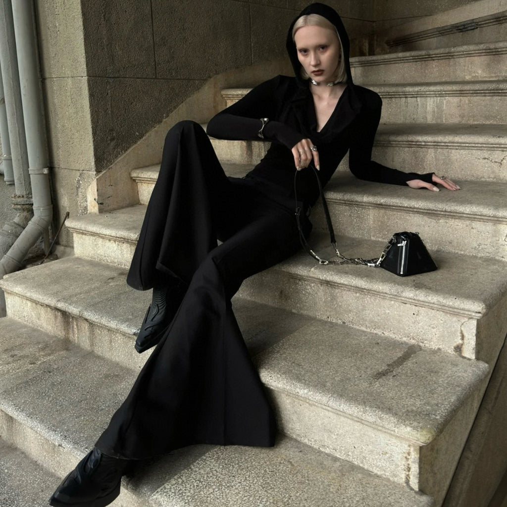 Women's Spring Summer Black Flared Trousers Fashion High Street Trend Casual Suit Pants Ngvp #1937