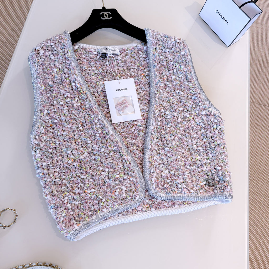 Women's Spring/Autumn Sequin Rhinestone Trim Logo Cardigan Solid Color Sleeveless Vest Ngvp #2267