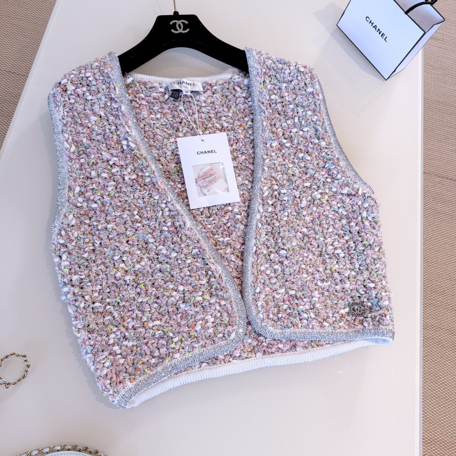 Women's Spring/Autumn Sequin Rhinestone Trim Logo Cardigan Solid Color Sleeveless Vest Ngvp #2267
