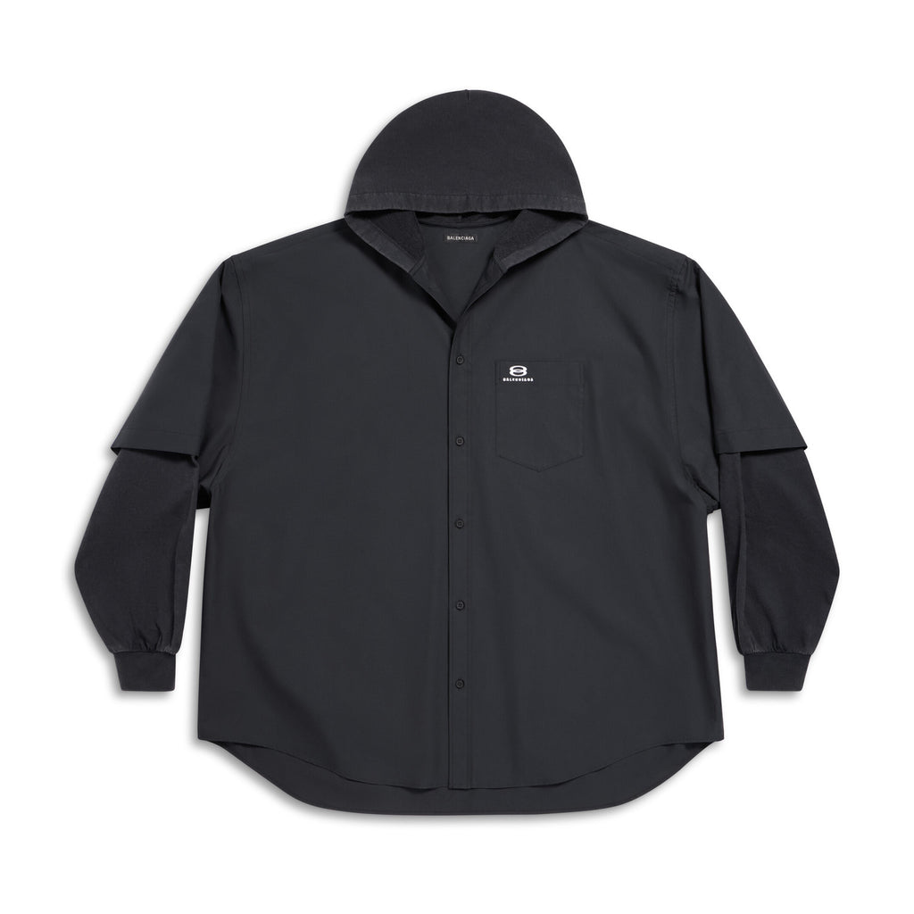 Men's Spring Autumn Black No Drawstring Connected Hooded Single Breasted Long Sleeve Shirt #97866
