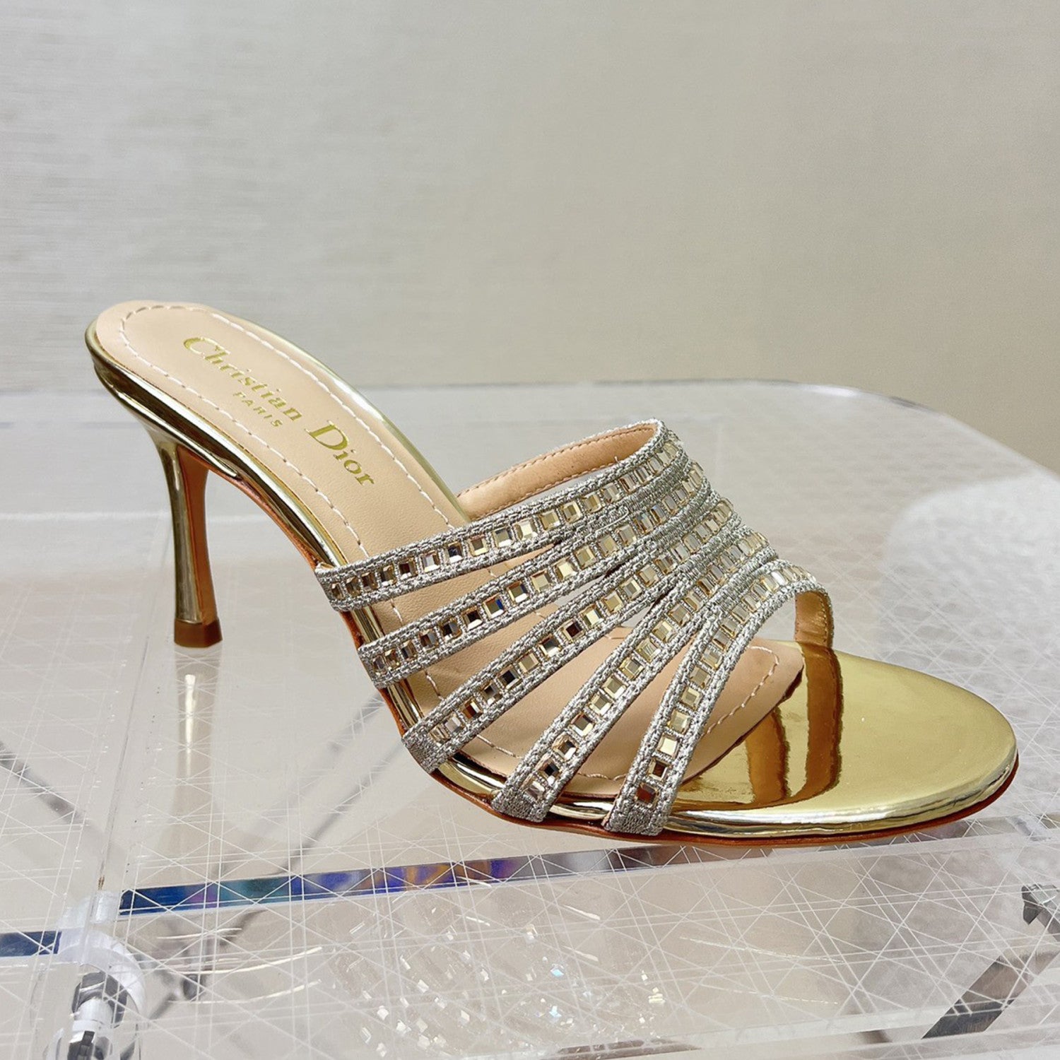 CD Gem High Heel Fashion Sandals Slippers Women's Spring And Summer Black Silver Gold 8cm Leather Shoes Heel Fashion Temperament Sexy High Heel Shoes #81416