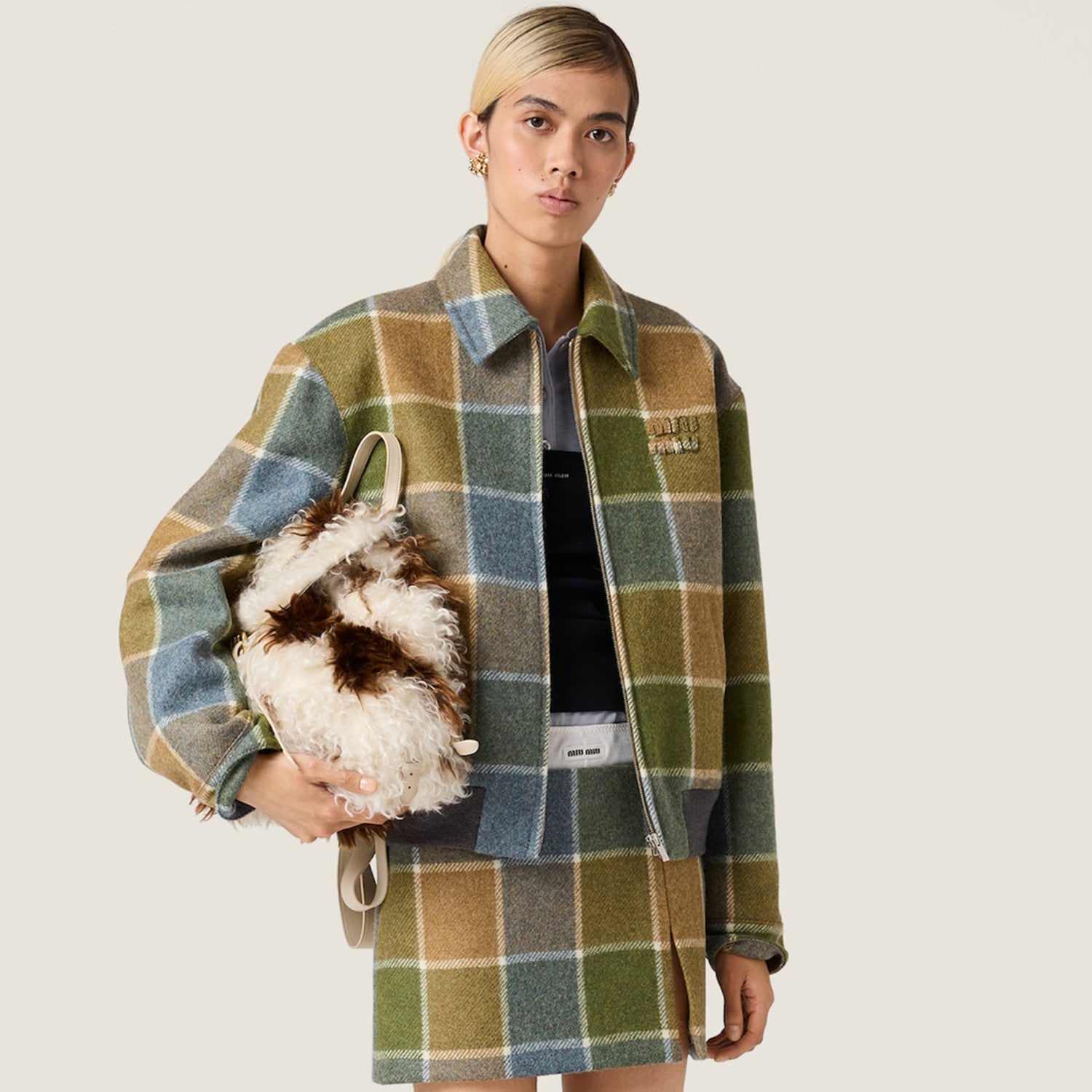 Women's Classic Checkered Pattern Short Jacket Fashionable Retro Color-Block Collar Zipper Jacket #193778