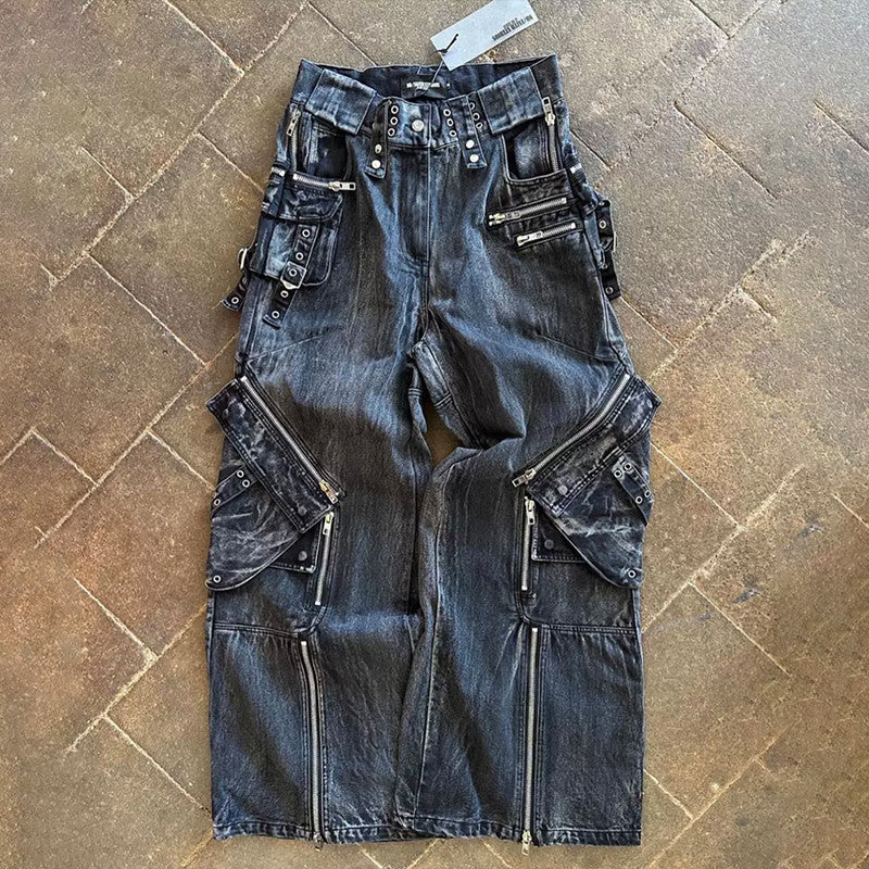 No Faith Studios Men's Solid Color Zipper Logo Embroidered Washed Jeans Loose Fit Work Pants Ngvp #7771