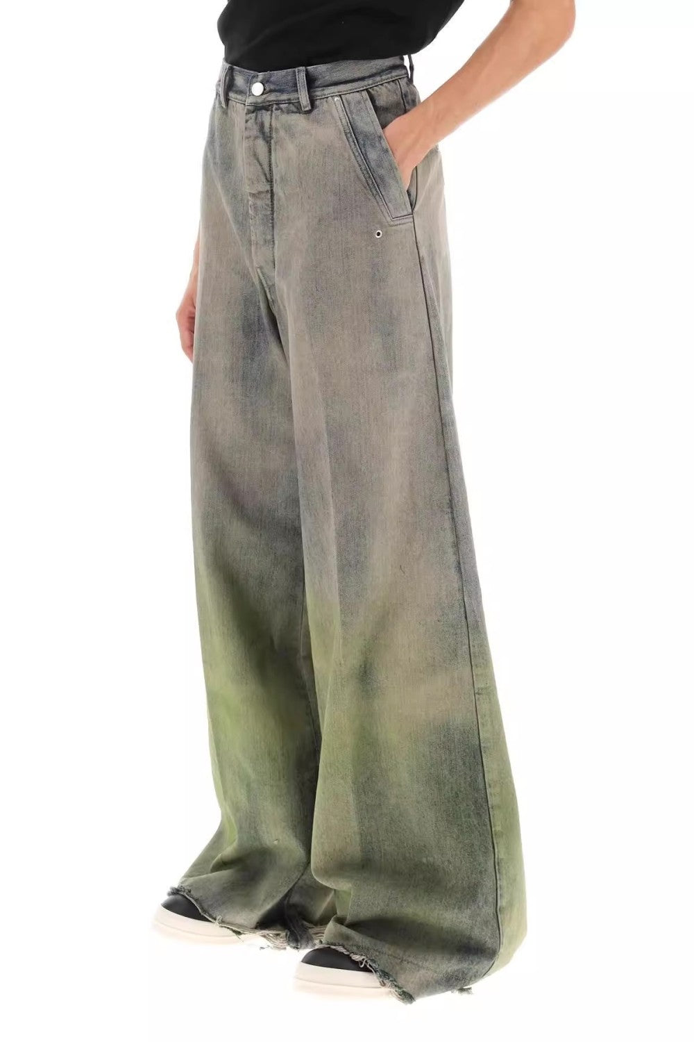 Men's Women's Four Seasons Gradient Yellow Green Washed Vintage Hole Breaking Wide Leg Denim Long Pants Ngvp #8192