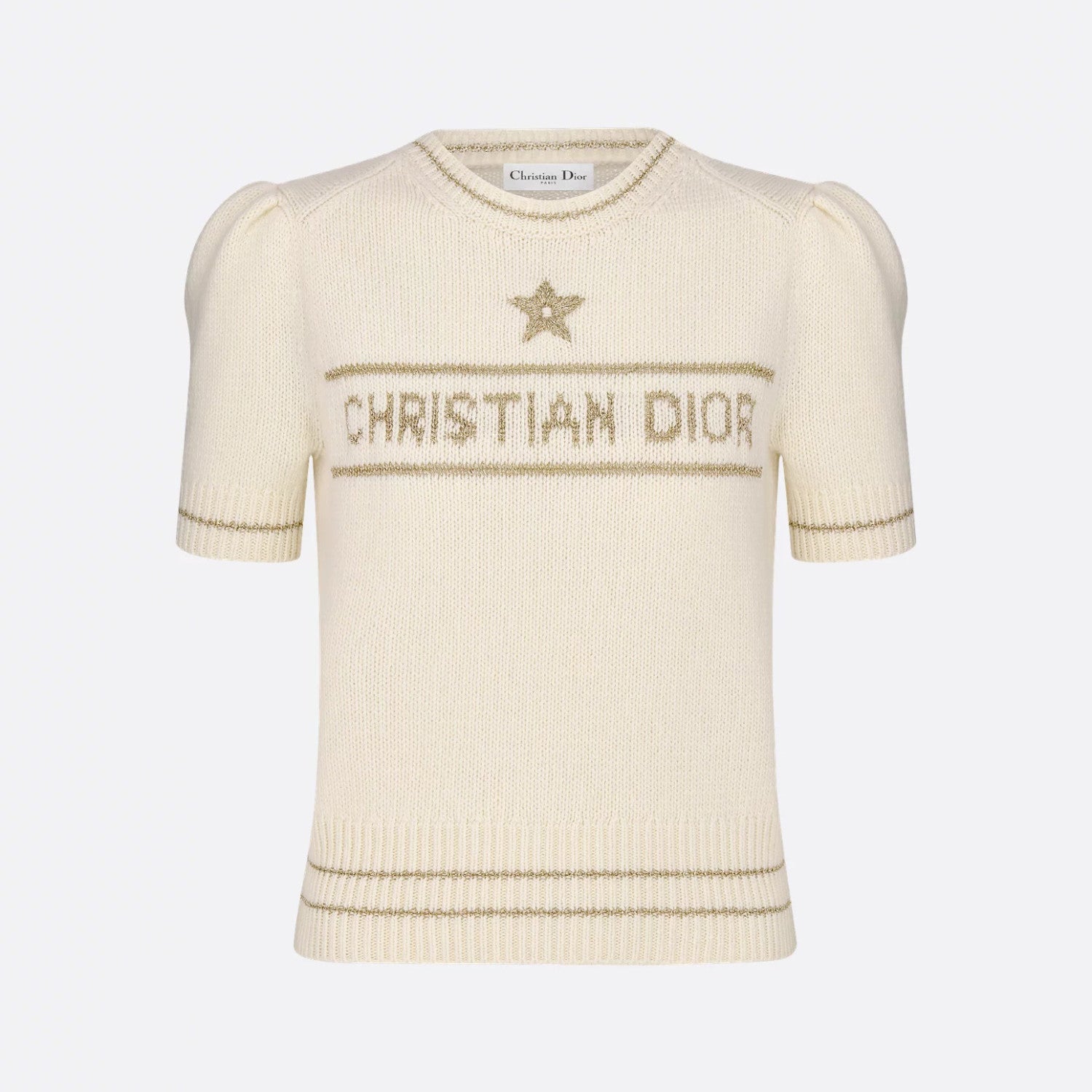 Women's Summer White Logo Round Neck Cashmere Knit Short Sleeve T-Shirt #74553