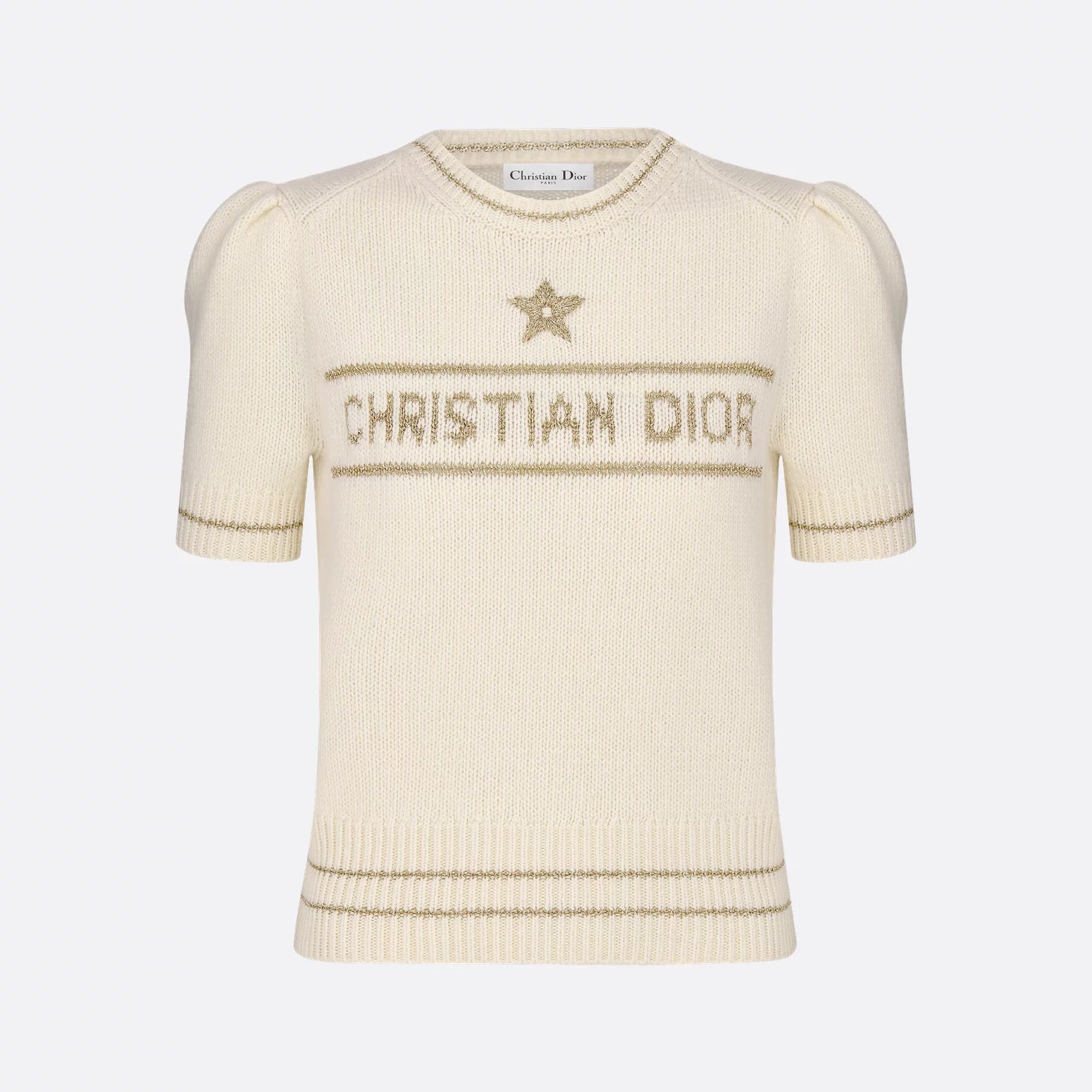 Women's Summer White Logo Round Neck Cashmere Knit Short Sleeve T-Shirt #74553