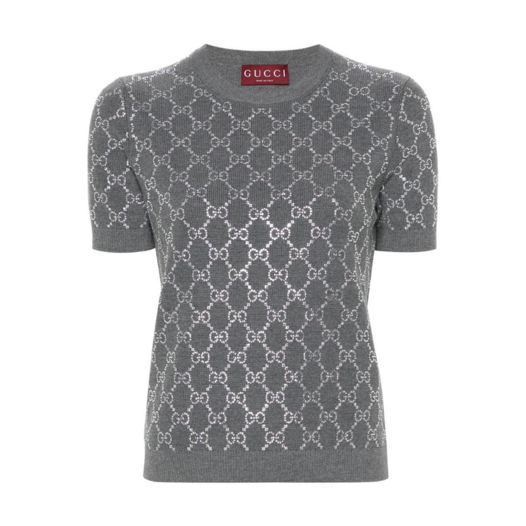 Women's Summer Gray Letter Logo Rhinestone Decoration Slim Short Sleeve Knit T-Shirt #72992