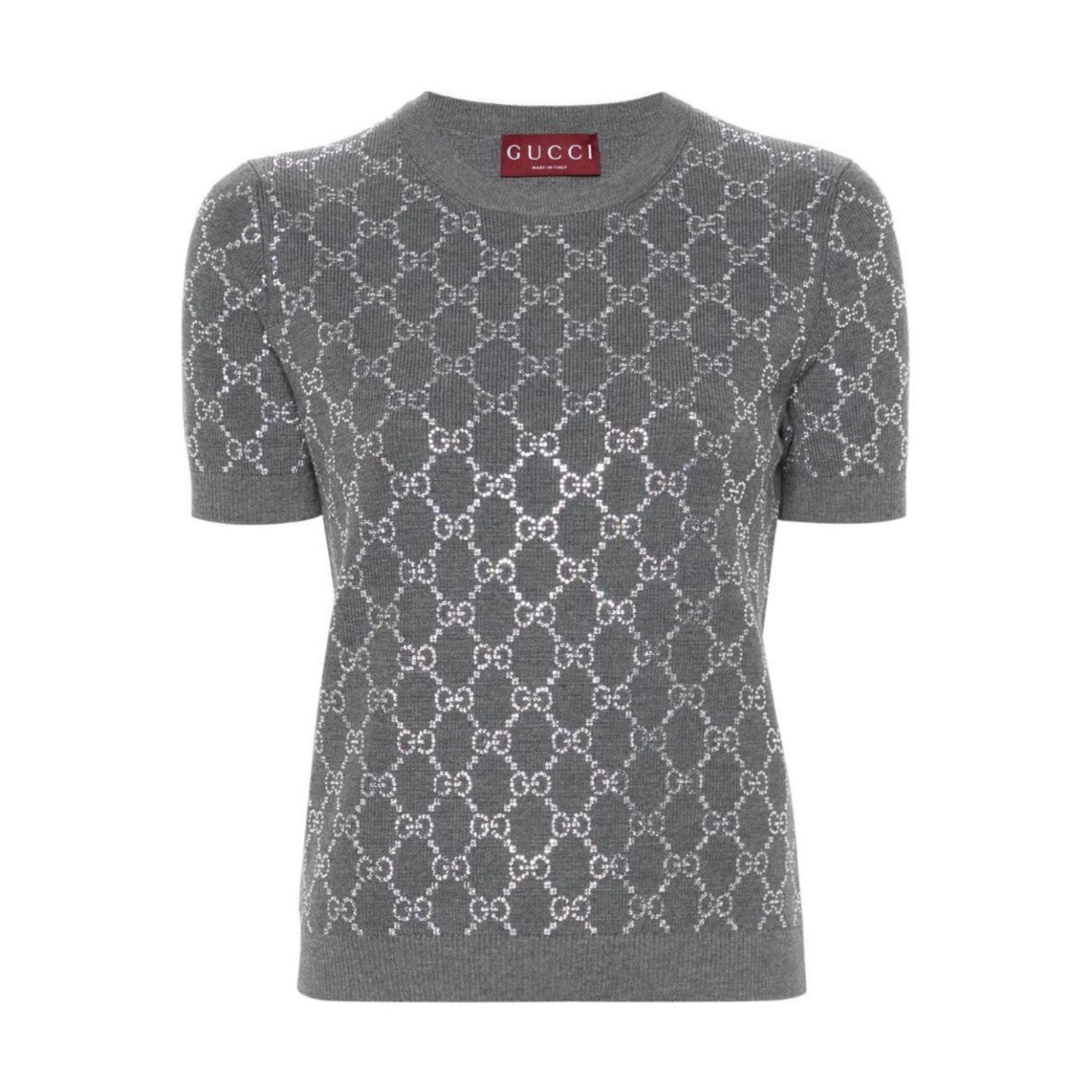 Women's Summer Gray Letter Logo Rhinestone Decoration Slim Short Sleeve Knit T-Shirt #72992