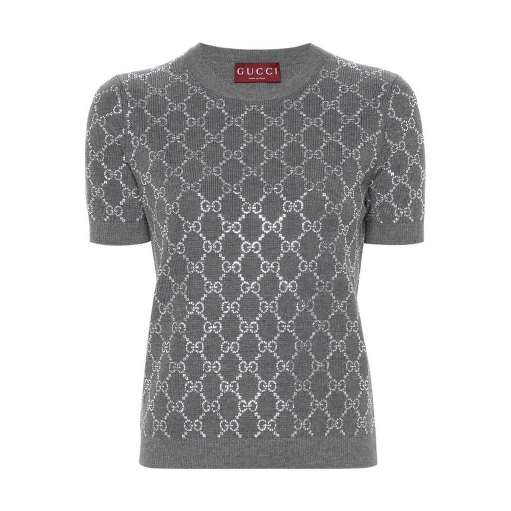 Women's Summer Gray Letter Logo Rhinestone Decoration Slim Short Sleeve Knit T-Shirt #72992