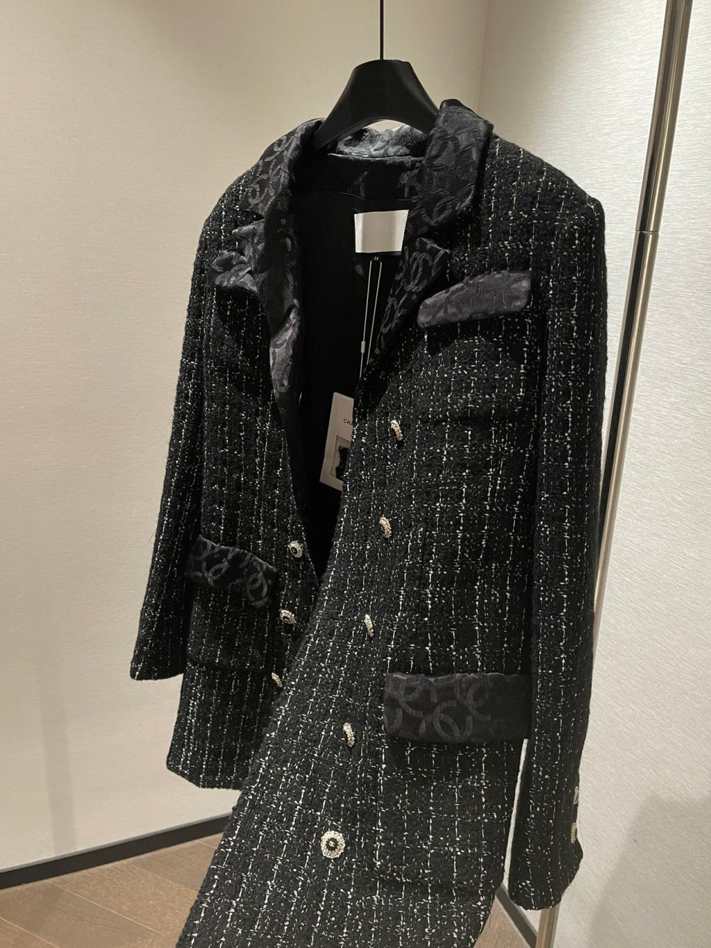 2026 New Women's Double-Breasted Tweed and Silk Trim Mid-Length Jacket with Lapel #81936L