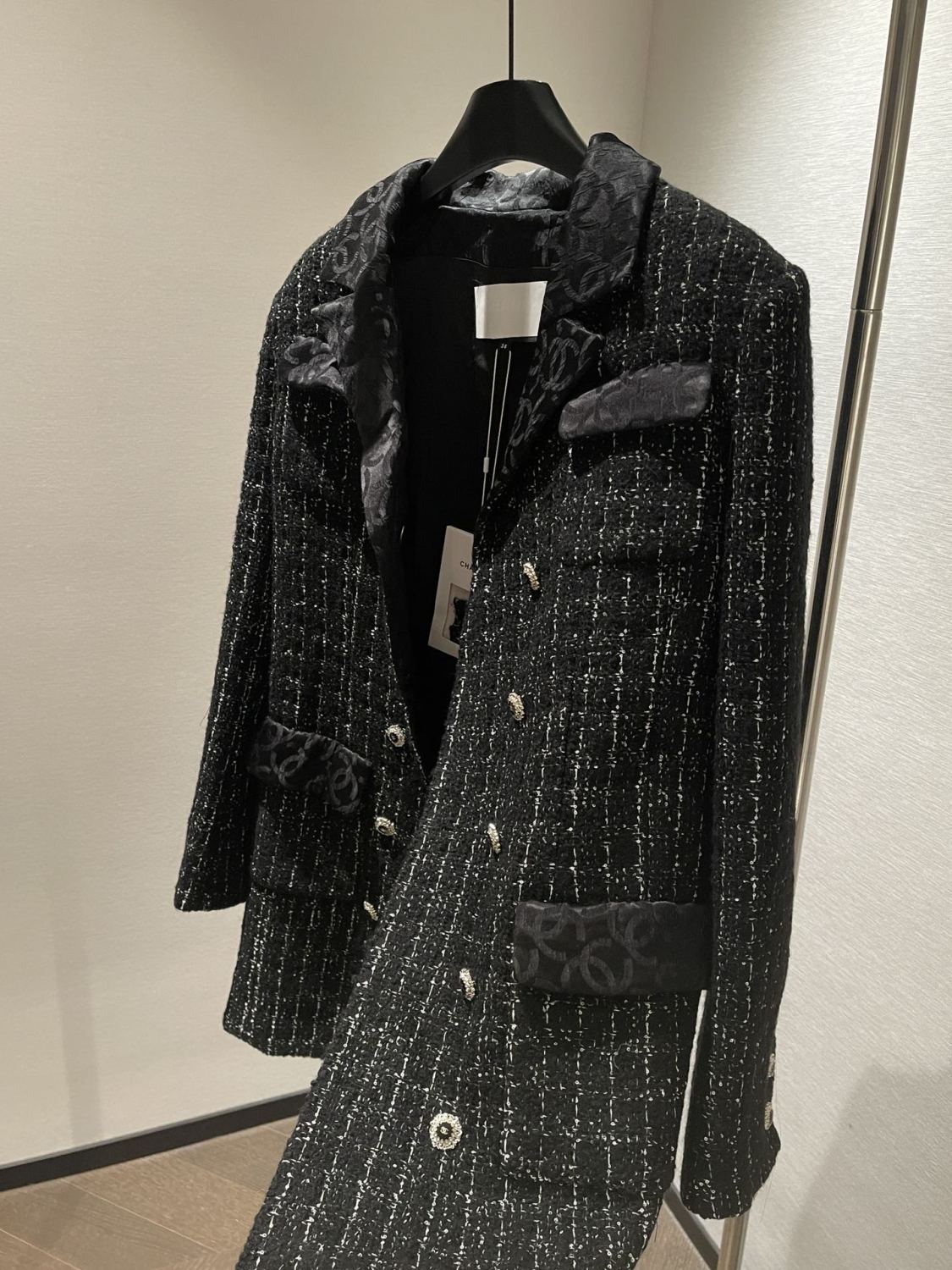 2026 New Women's Double-Breasted Tweed and Silk Trim Mid-Length Jacket with Lapel #81936L