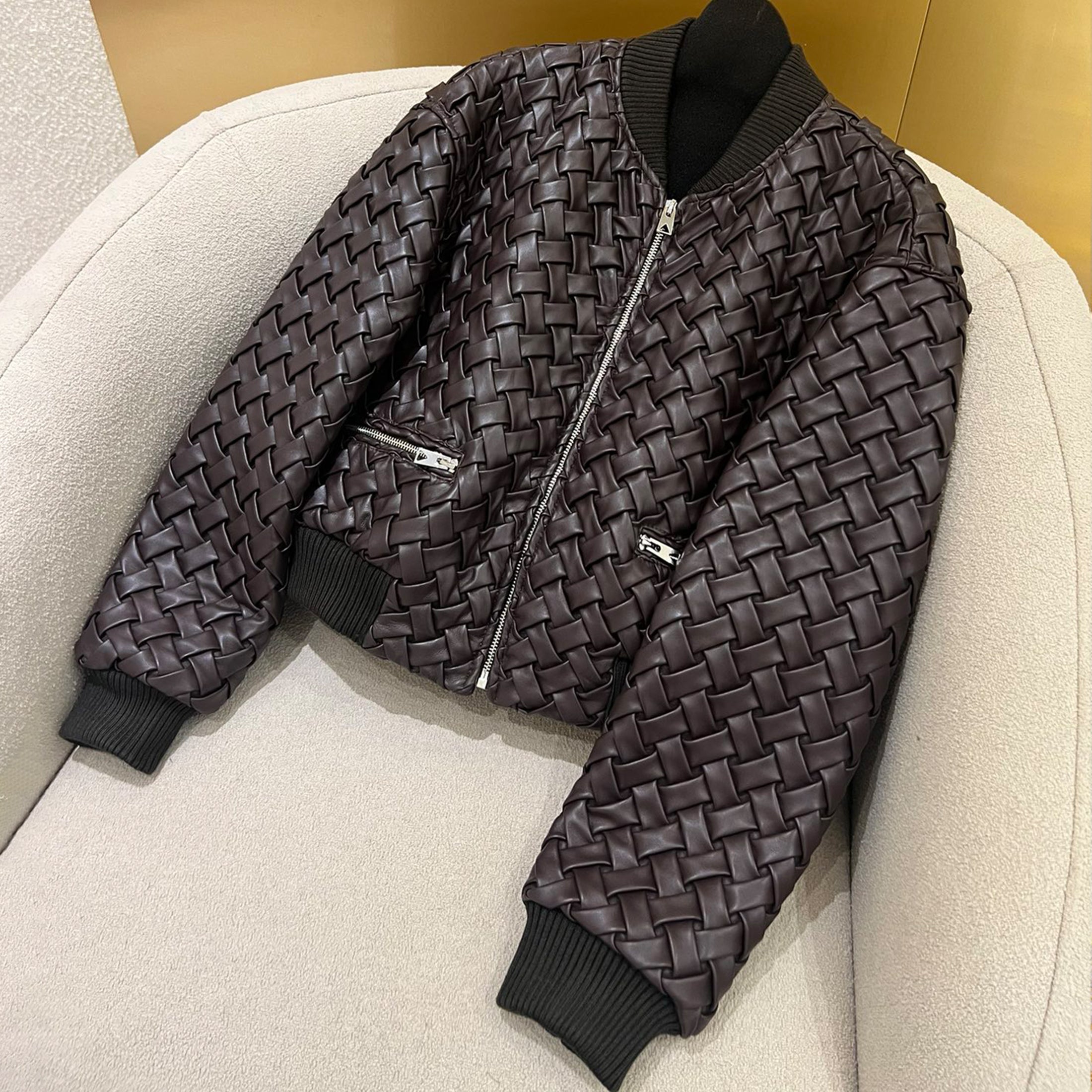 Women's Autumn And Winter Deluxe Solid Color Lapel Flight Suit Leather Button Woven Sheepskin Coat Jacket Ngvp #9136