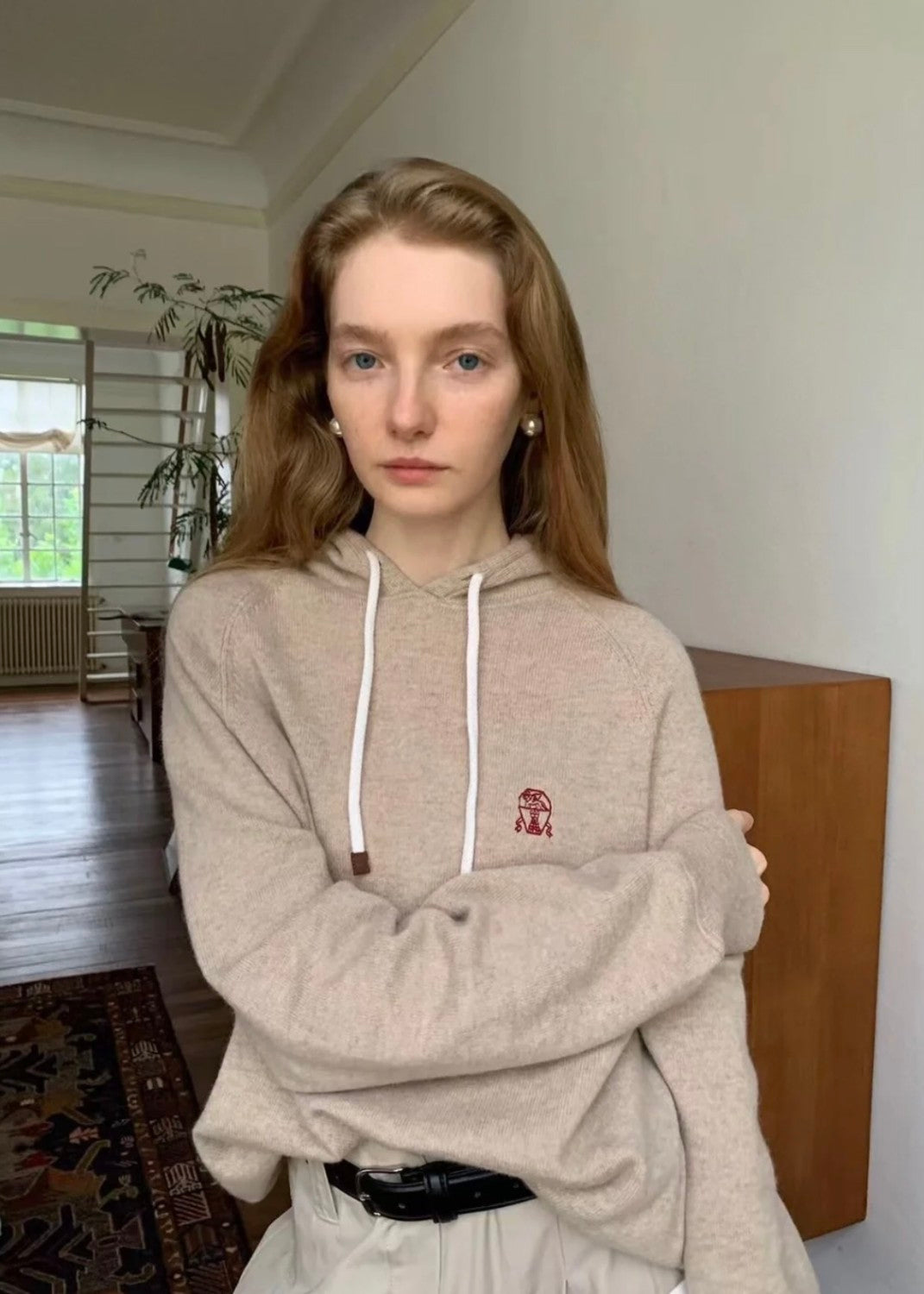 Women's Winter Solid Colours Embroidered Cashmere Loose Hooded Sweatshirt Knitted Drawstring Lounge Pants Two Piece Cashmere Set #71686