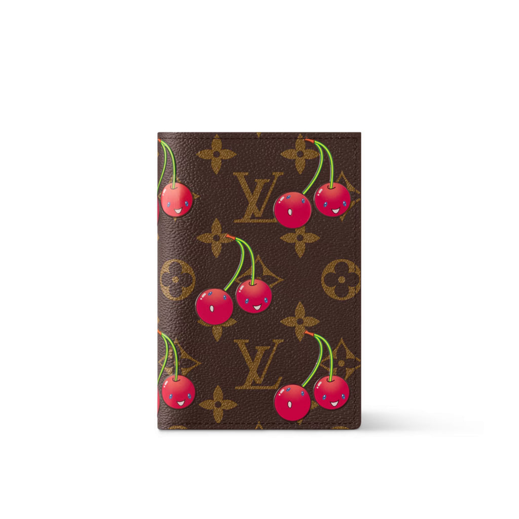 LV x TM Women's Brown Leather Passport Wallet with Cherry Pattern Print Bag Bags #77594