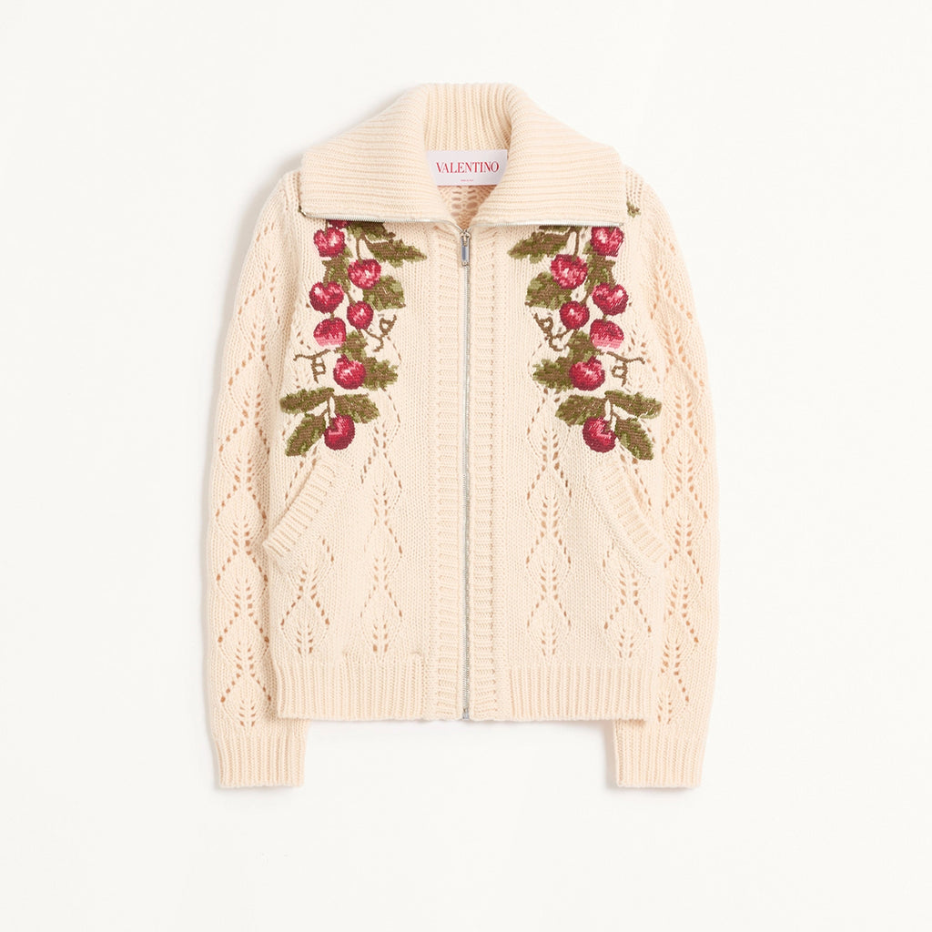 Women's Spring Cherry Embroidery Wool Knitted Jacket Skeleton Zip Knit Fashion Elegant Cute Lapel Sweater Cardigan Ngvp #9914