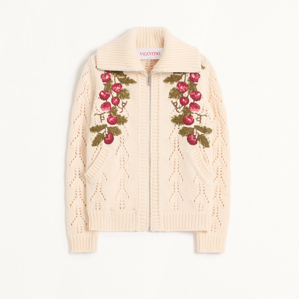 Women's Spring Cherry Embroidery Wool Knitted Jacket Skeleton Zip Knit Fashion Elegant Cute Lapel Sweater Cardigan Ngvp #9914