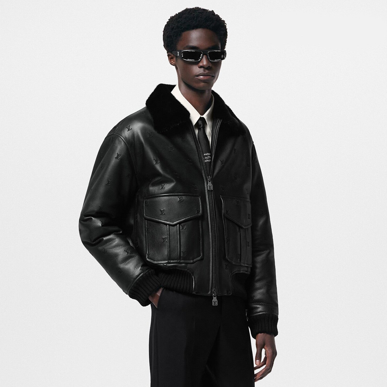 Men's Fall/winter Pilot Drawstring Jacket Solid Color Logo Jacquard Hair Collar Colorblocking Leather Jacket #71553