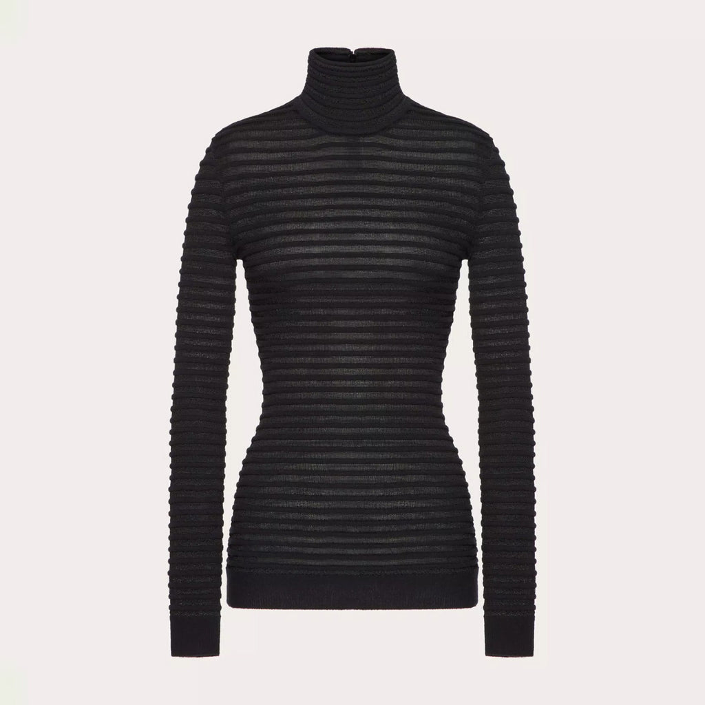 Women's Black Striped High Neck Zipper Viscose And Wool Spring Autumn Winter Slim Long Sleeve Sweater Ngvp #9726