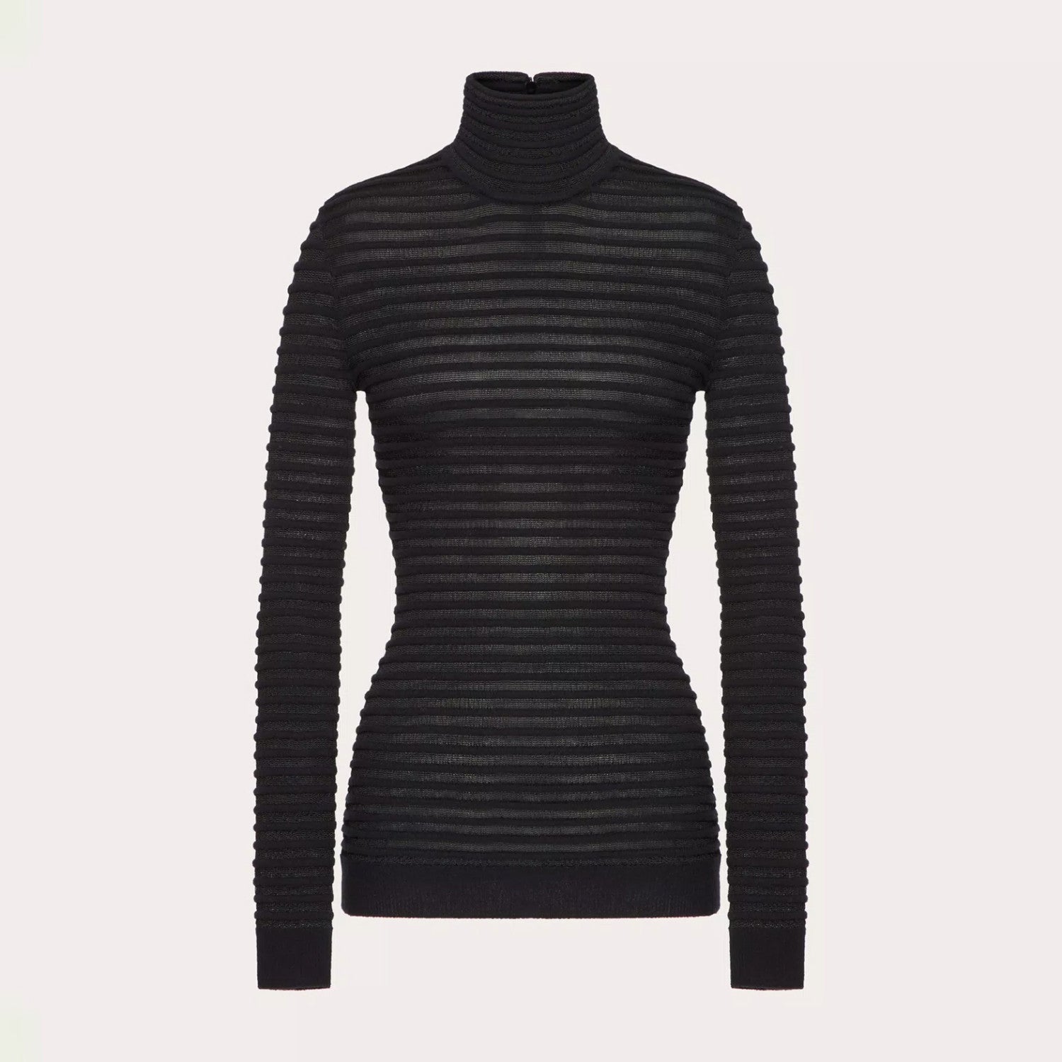 Women's Black Striped High Neck Zipper Viscose And Wool Spring Autumn Winter Slim Long Sleeve Sweater Ngvp #9726