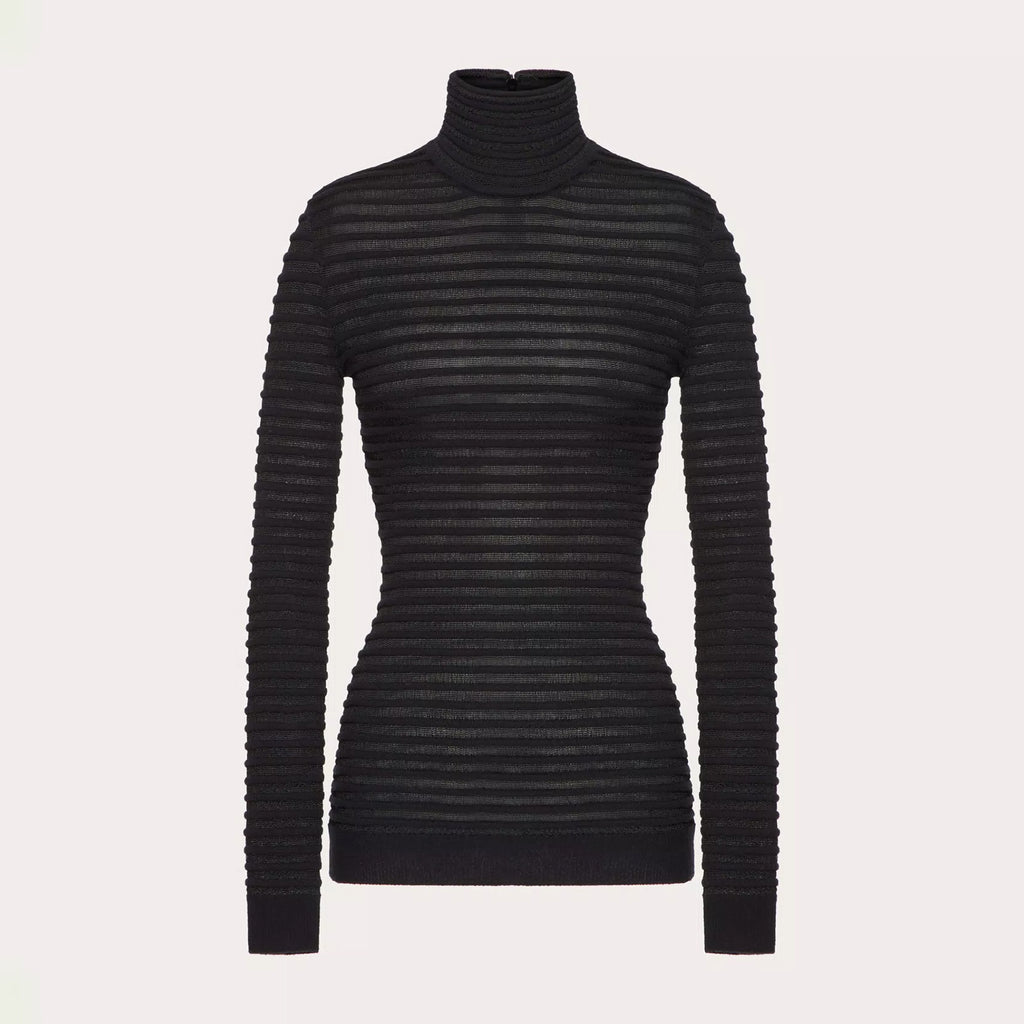 Women's Black Striped High Neck Zipper Viscose And Wool Spring Autumn Winter Slim Long Sleeve Sweater Ngvp #9726
