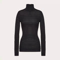 Women's Black Striped High Neck Zipper Viscose And Wool Spring Autumn Winter Slim Long Sleeve Sweater Ngvp #9726