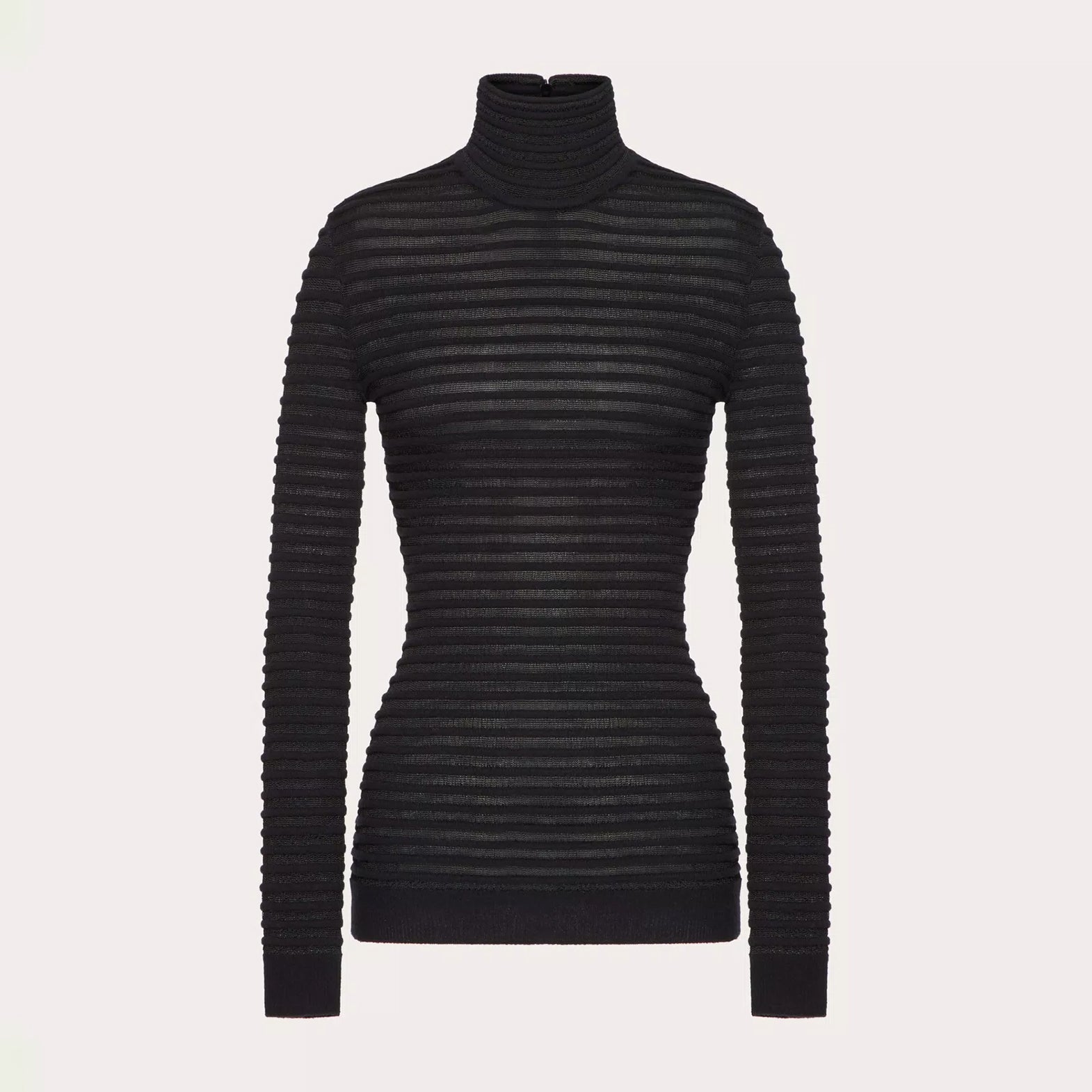 Women's Black Striped High Neck Zipper Viscose And Wool Spring Autumn Winter Slim Long Sleeve Sweater Ngvp #9726