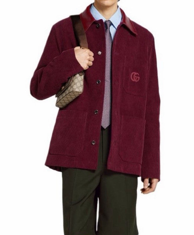 Men's Early Spring Burgundy Collared Single-breasted Shirt Jacket With Gg Embroidery Fashion Quilted Shirt-style Outerwear #194490