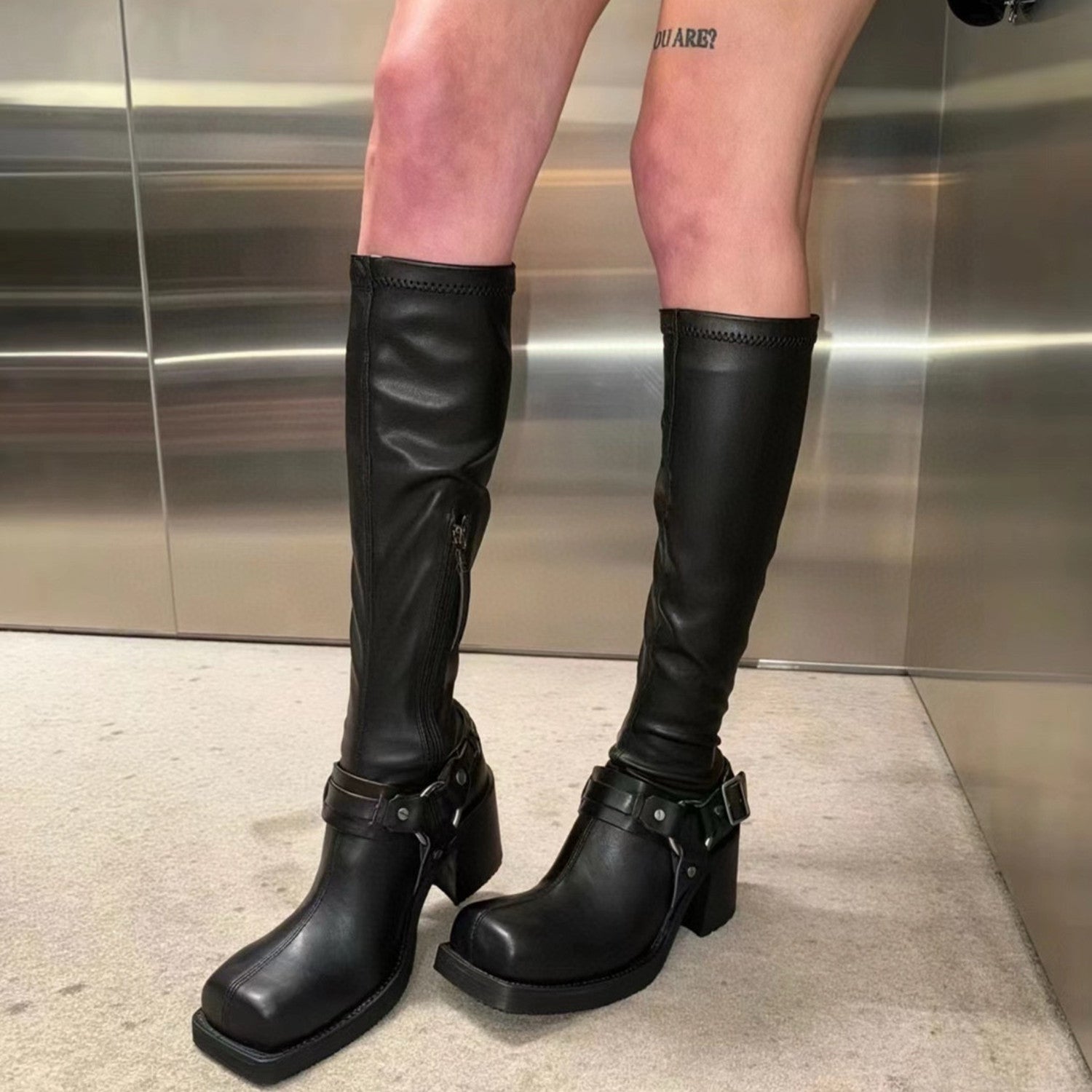 Acne Studios Women's Square Head Round Buckle Biker Boots Shoes Cowhide High Heel Elastic New Thick Heel Thick Bottom Knight Boots Long Tube Skinny Boots Ngvp #9856