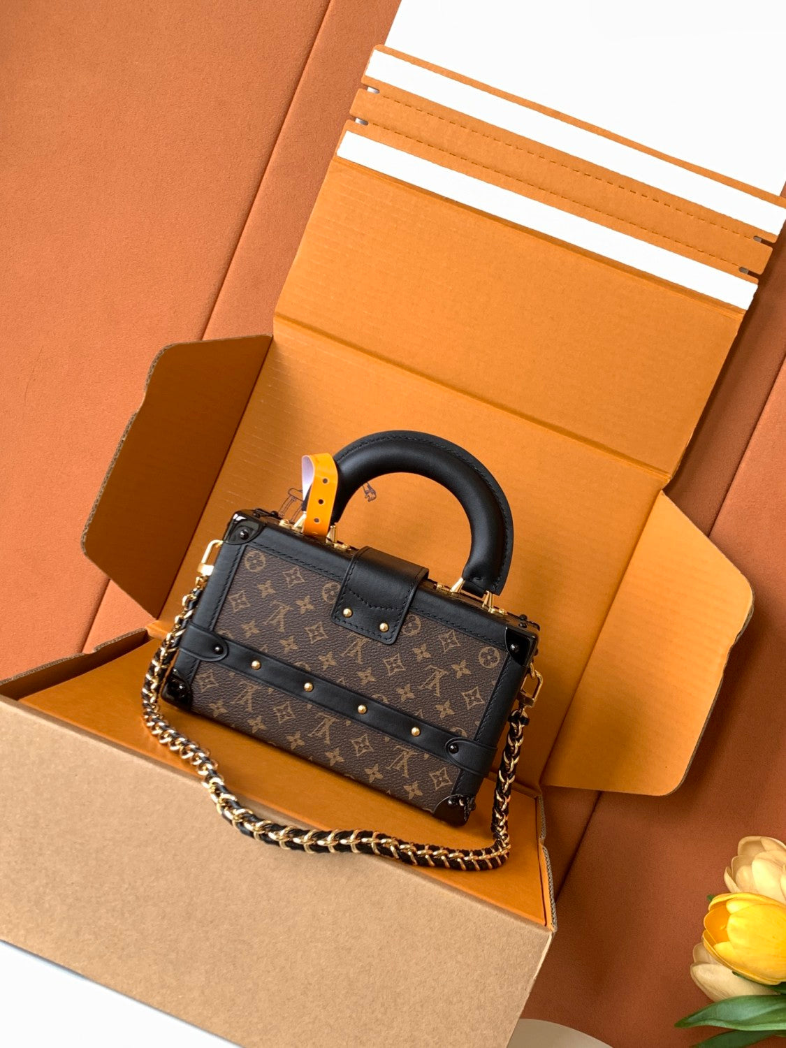 PETITE MALLE Women's Brown Letter Print Removable Adjustable Simple Magnetic Clasp Canvas and Leather Trim Box Bag Handbag Shoulder Bags #77526