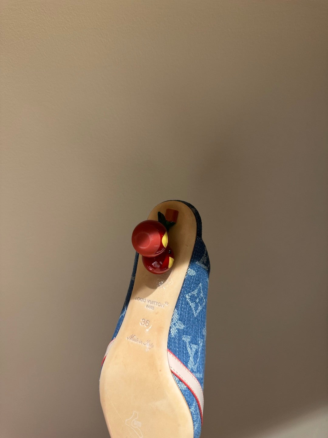 Women's Pointed Denim Print Metal Buckle Fine Heel Cherry Heel Retro Solid Color High Heels Casual Slippers Shoes #77858