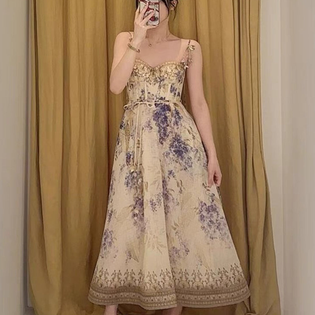 Dawning Picnic Dress Women's Spring And Summer Silk Linen Mid-length Dress Heart-shaped Neckline Spaghetti Straps Large Hem Dress Fashionable Temperament Elegant Luxury Dresses #81131