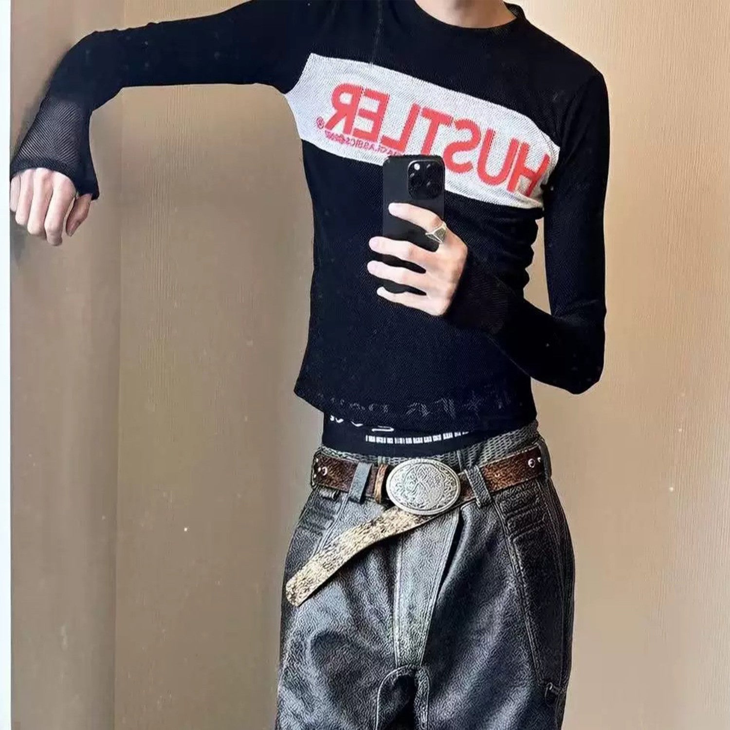 HOOD BY AIR Mesh Zipper Thumbtack Bottom Tight Stretch Long Sleeve Tee Opium Style Tee High Street Retro Trend Fashion Zipper Cardigan Ngvp #1749