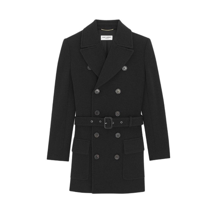 Women's Spring. Autumn And Winter Double-Breasted Belt Solid Color Wool Short Black Dress Long-Sleeved Straight Coat Ngvp #9399