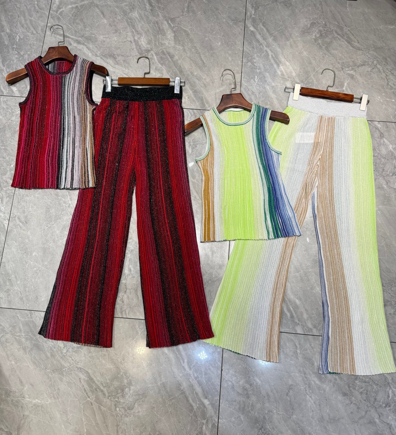 Missoni Women's Spring And Summer Fashion Elegant Colorful Striped Golden Silk Knit Clashing Sleeveless Vest T-shirt Casual Pants Set Suit Ngvp #1758