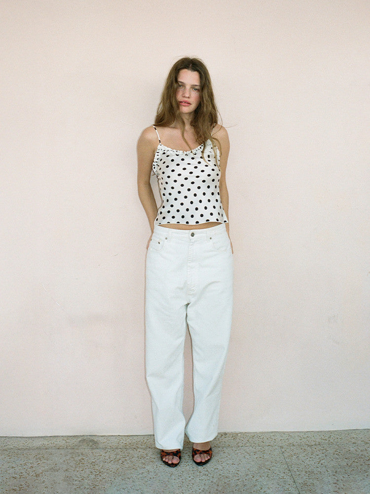 Realisation Par Women's Summer Polka Dot Printed White Round Neck Silk Vest Sleeveless Top Camisole Short Slimming Ngvp #1949