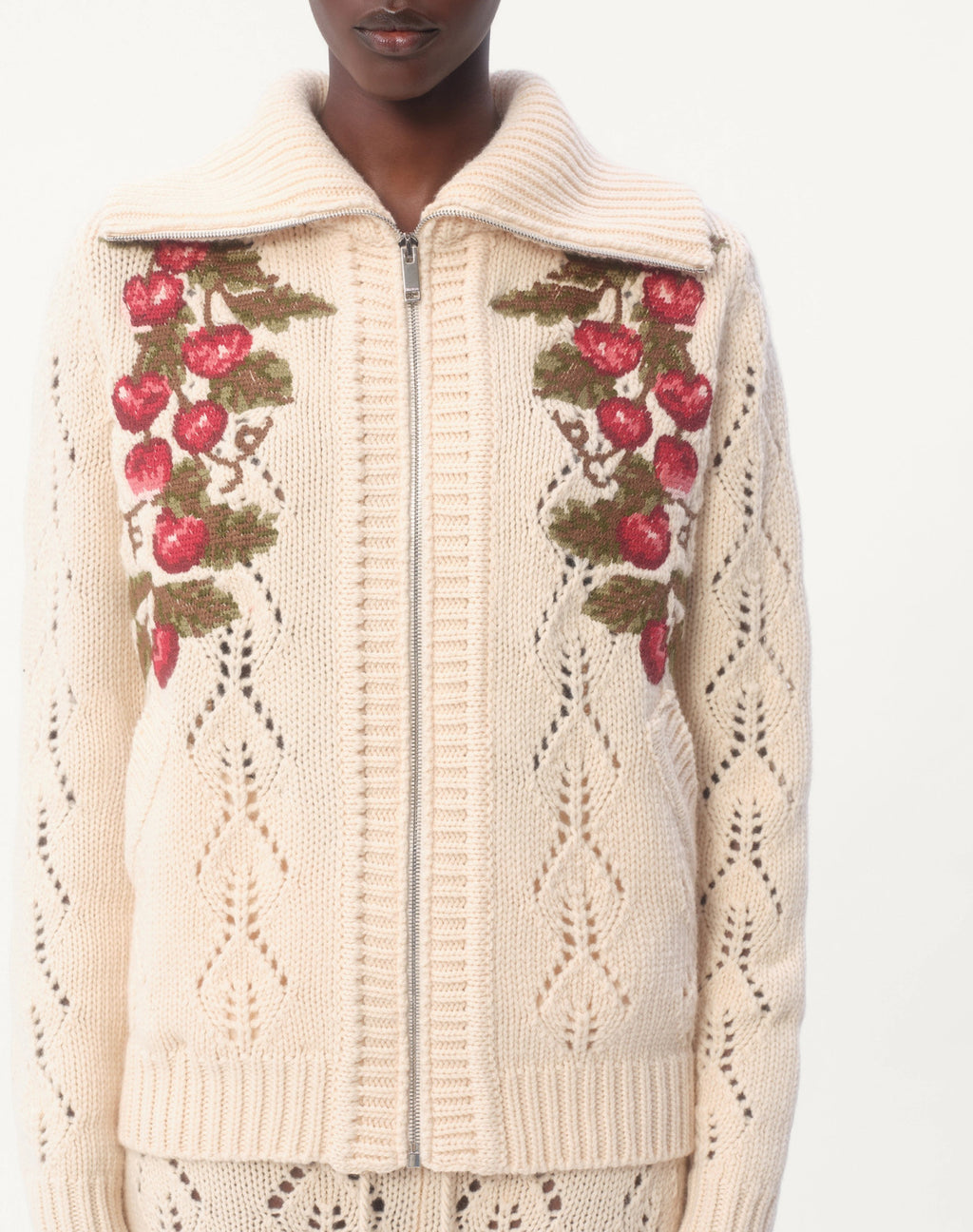 Women's Spring Cherry Embroidery Wool Knitted Jacket Skeleton Zip Knit Fashion Elegant Cute Lapel Sweater Cardigan Ngvp #9914