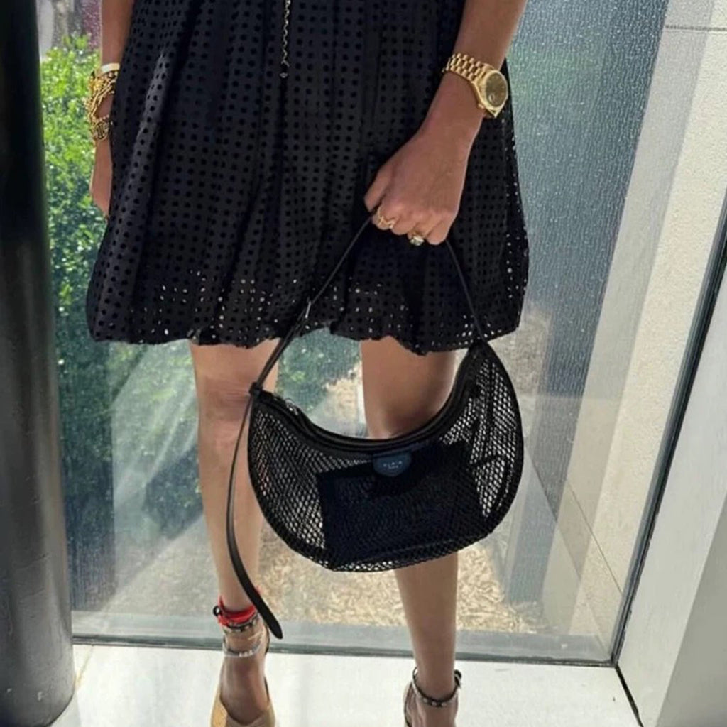 Alaia Women's Black Fishing Net Half Moon Bag Simple Elegant Zipper Underarm Bag Hollow Handbag Removable Patent Leather Inner Bag Shoulder Bags AA1S02731CA266999 Ngvp #9227