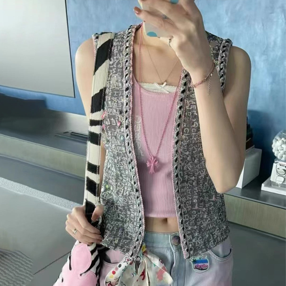 Women's Spring and Autumn Solid Color Full Diamond Flower Logo Embroidery Sleeveless Fitted Denim Vest #71433