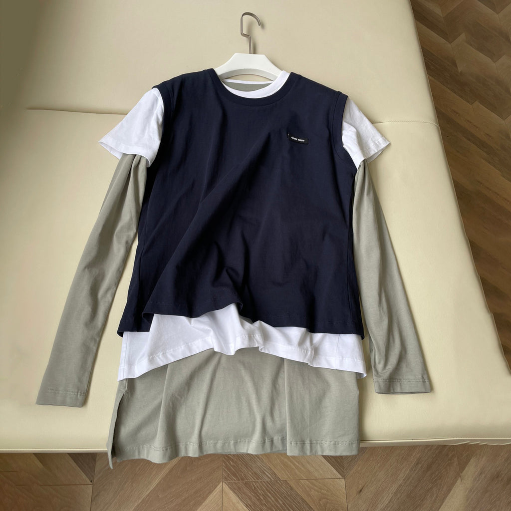 Women's Summer Clashing Color Embroidery Letter Logo Round Neck 3 Piece Layered T-Shirt Set #72878