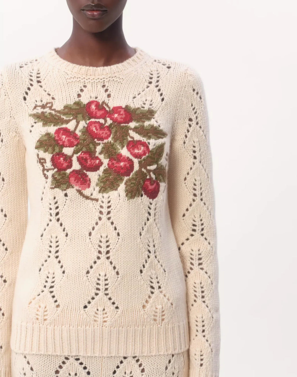 Women's Spring. Autumn And Winter Cherry Embroidery Round Neck Solid Color Fitted Long Sleeve Hollow Knit Wool Sweater Ngvp #9725