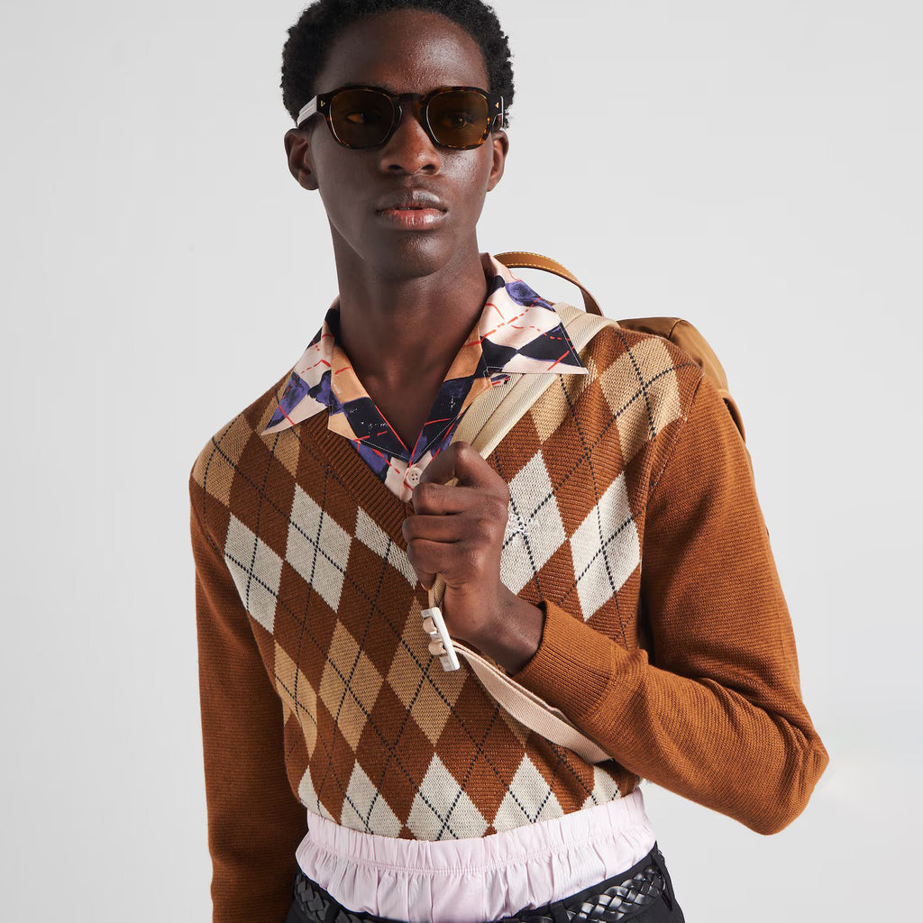 Men's Spring And Fall Brown Diamond Applique V-neck Knitted Wool Casual Long Sleeved Sweater #73612