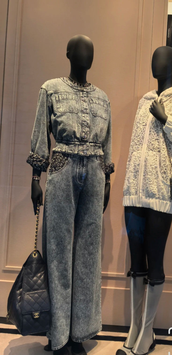 Women's Spring/Fall Fashion Classic Print Washed Zipper Button Camellia Denim Pants #78886