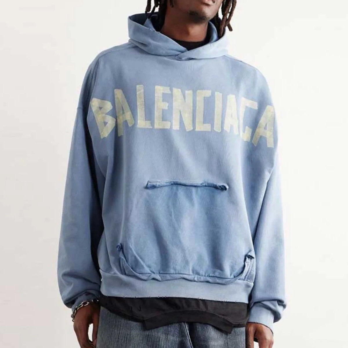 Men's Spring and Fall Logo Letter Print Blue Loose Fit Hooded Sweatshirt Pullover #98387