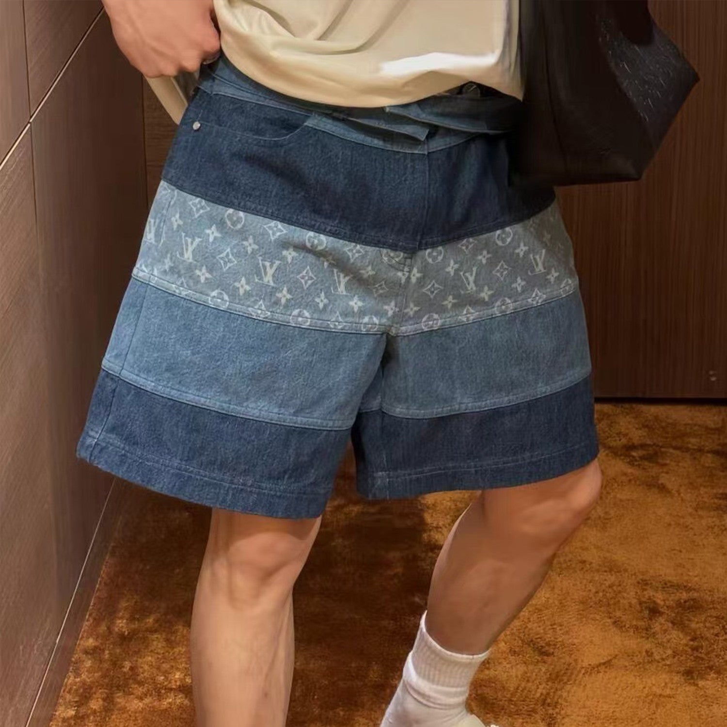 Men's Spring And Summer Fashion Retro Print Casual Pants Striped Stitching Denim Shorts #72324