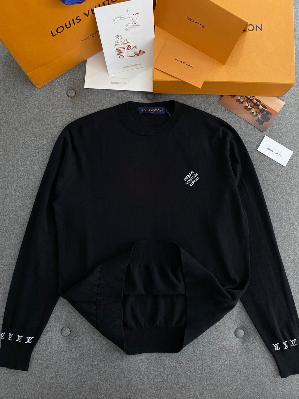 Men's Spring And Fall Logo Printed Crew Neck Black Cotton Long Sleeve Fitted Sweater #71473