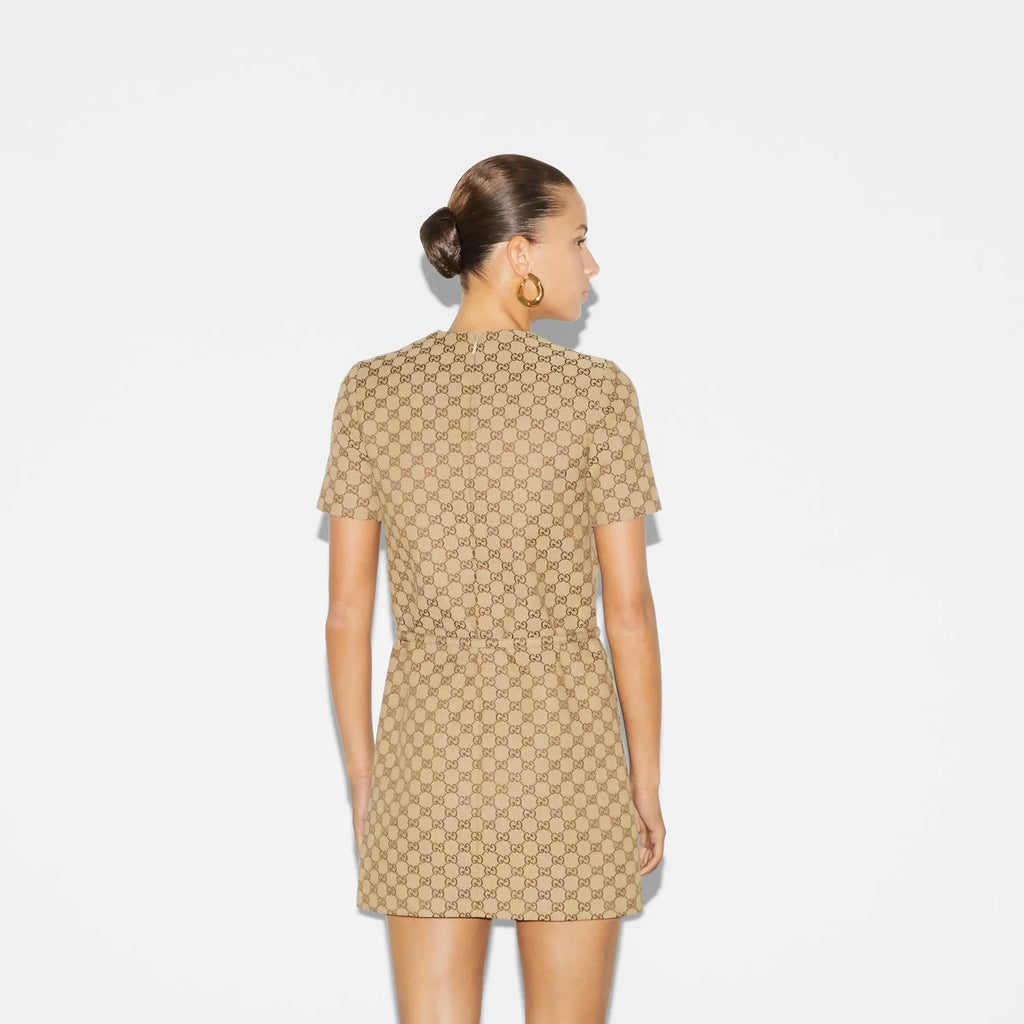 Women's Summer GG Jacquard Round Neck Canvas Short Sleeve Solid Color Fitted Dresses #71756