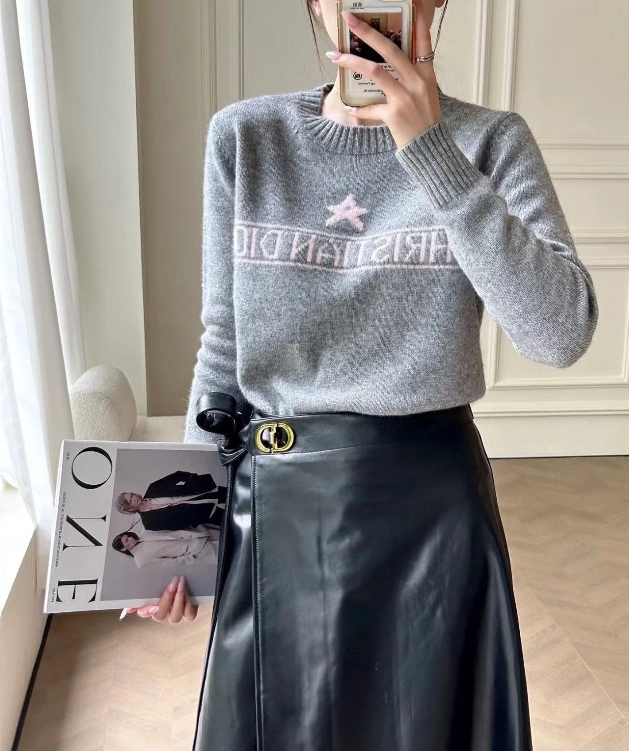 Women's Autumn And Winter Jacquard Knit Sweater Gray Pink 100% Cashmere Fabric With Logo Round Neck Long Sleeve Pullover Knitted Sweater #71784